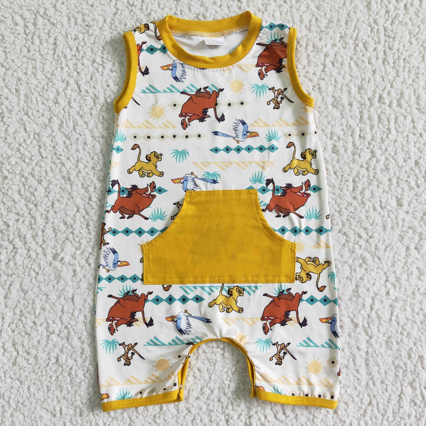 SR0026 Yellow Lion Cartoon Pocket Boys Sleeveless Romper