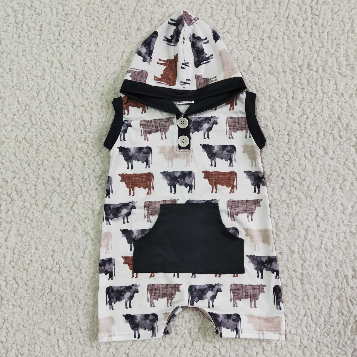 SR0041 Black Cows Pocket Hoodies Boys Sleeveless Romper