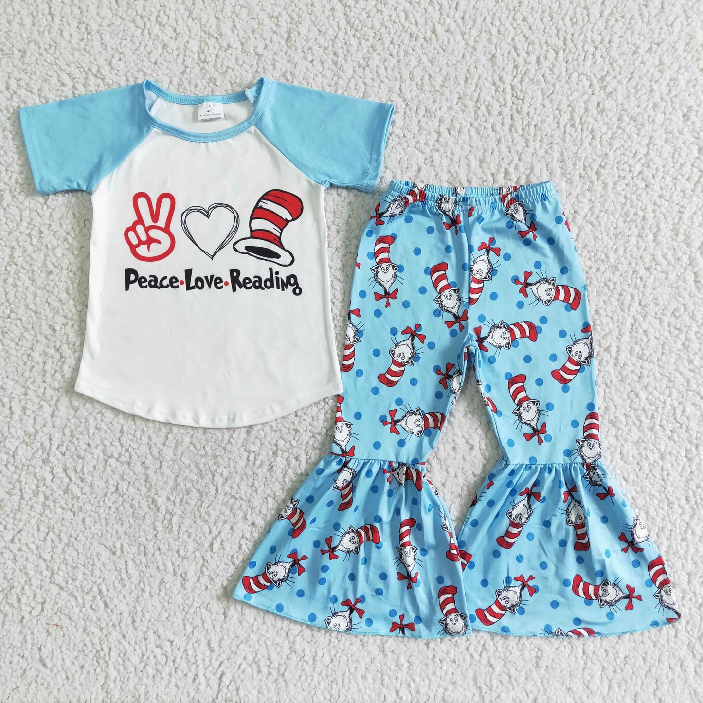 Clearance D2-12 Blue Peace Love Reading Cartoon Girls Short Sleeve Pants Outfits