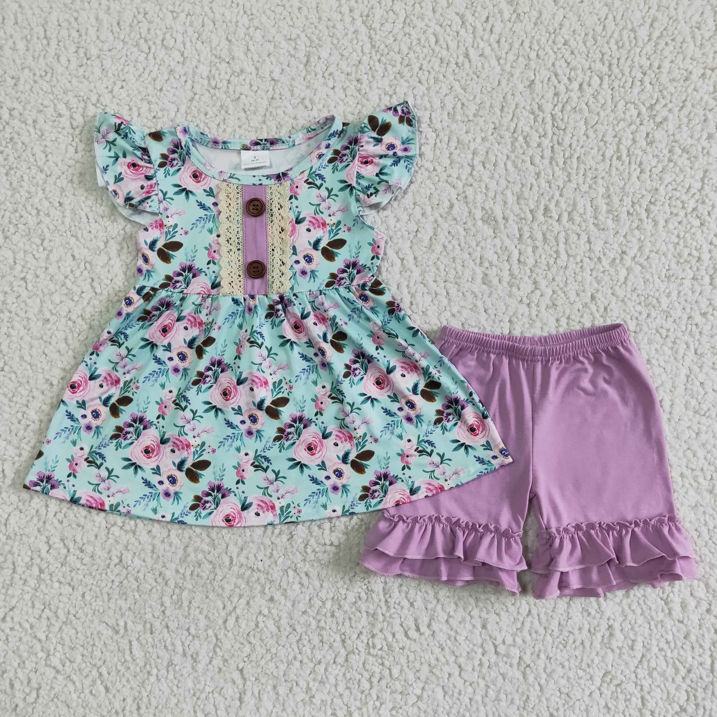 C6-22 Purple Blue Floral Girls Short Sleeve Shorts Outfits