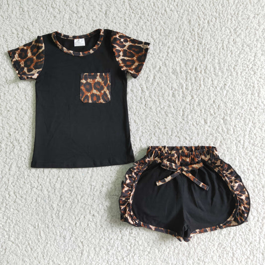 C4-12 Black Leopard Print Pocket Girls Short Sleeve Shorts Outfits