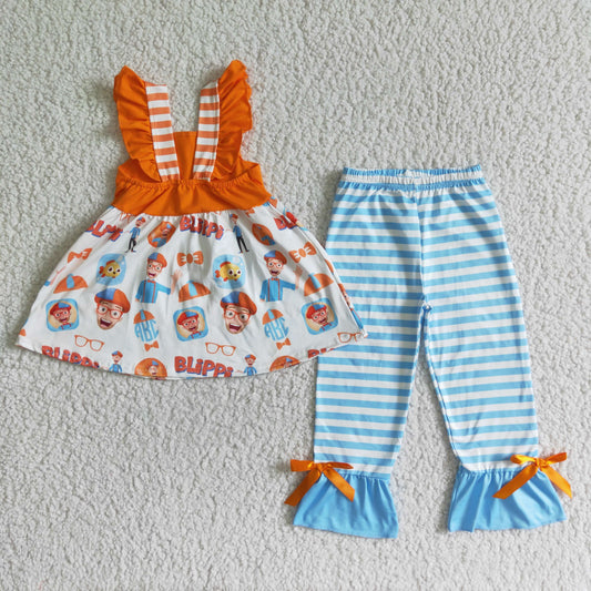 Clearance B14-2 Orange Cartoon Blue Striped Girls Short Sleeve Pants Outfits