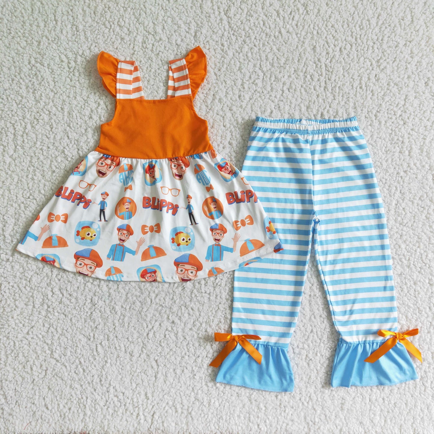 Clearance B14-2 Orange Cartoon Blue Striped Girls Short Sleeve Pants Outfits