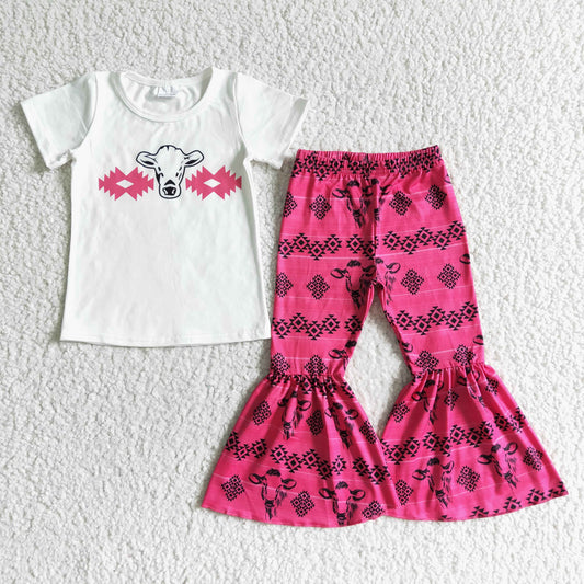 GSPO0049 Pink Highland Cows Girls Short Sleeve Pants Outfits