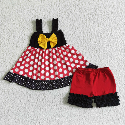 D4-26 Red Black Dots Print Cartoon Tunic Girls Sleeveless Shorts Outfits