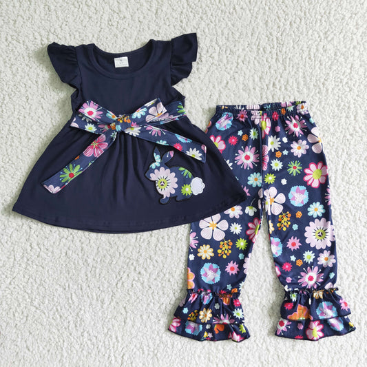 Clearance B10-15 Easter Embroidery Rabbits Navy Blue Floral Girls Short Sleeve Pants Outfits