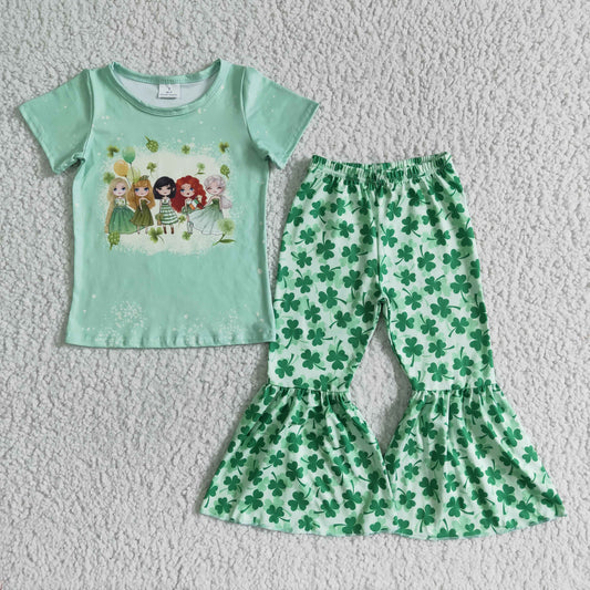 Clearance B10-2 St. Patrick Green Clover Princess Girls Short Sleeve Pants Outfits