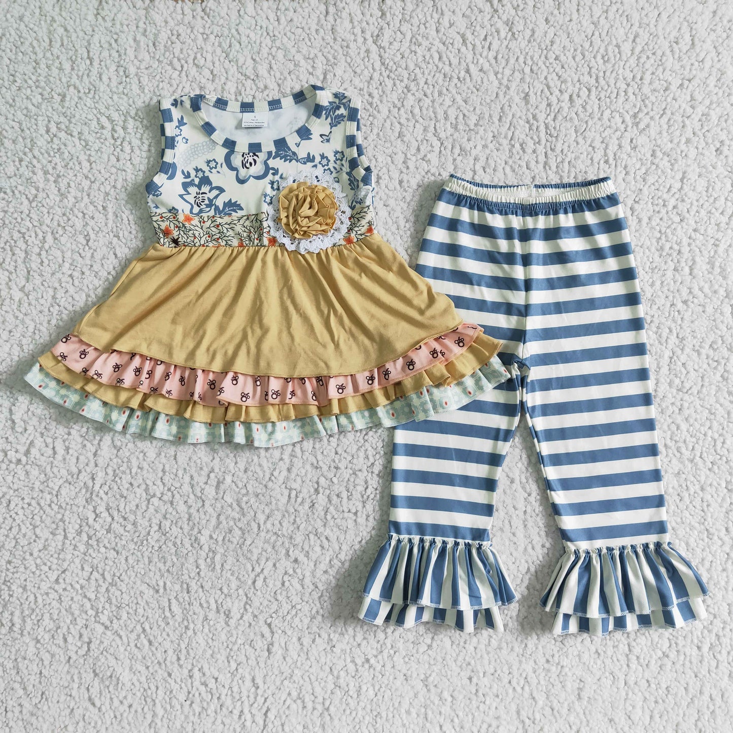 D10-27 Blue Yellow Floral Striped Print Ruffles Girls Sleeveless Shorts Outfits