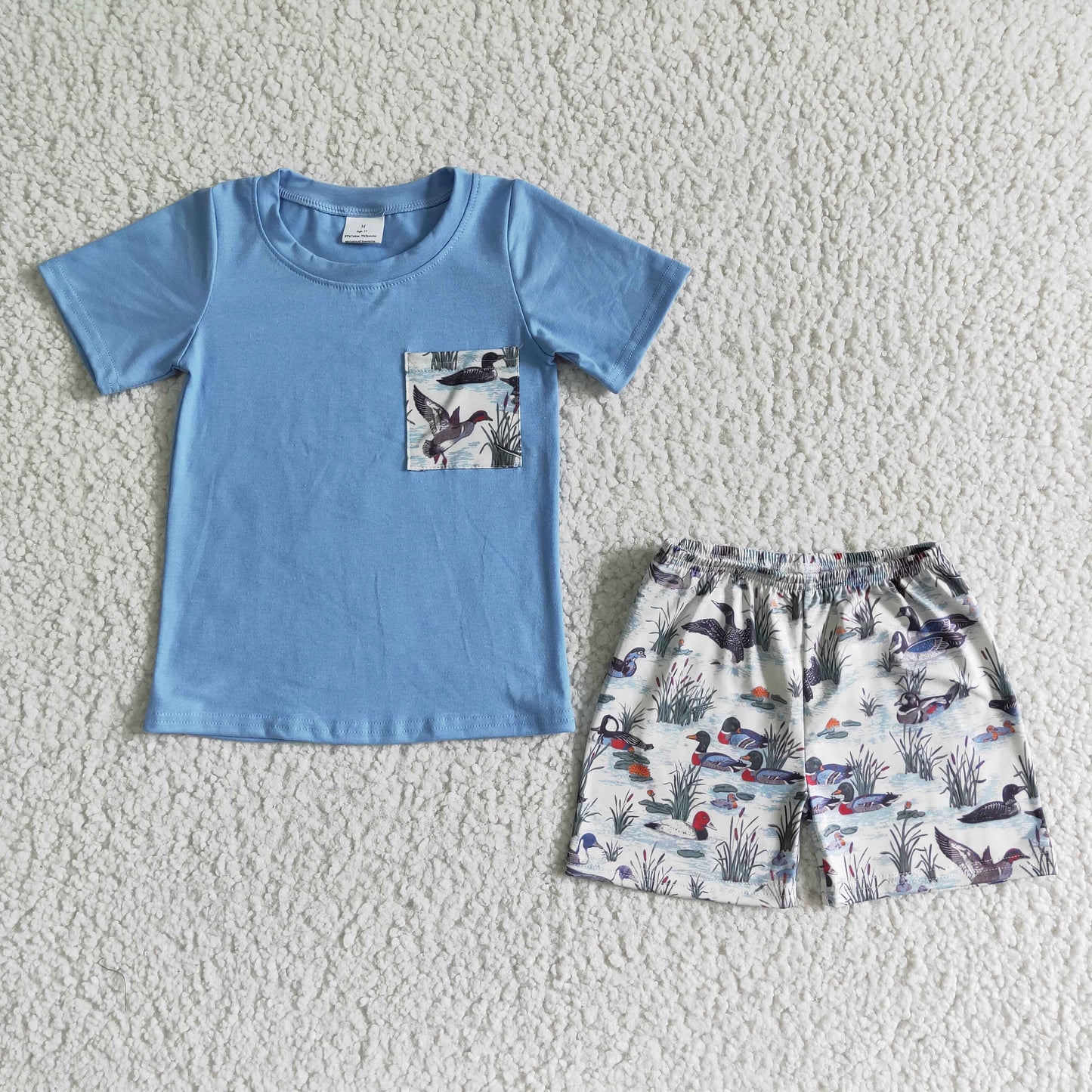 E8-15 Duck Blue Pockets Boys Short Sleeve Shorts Outfits