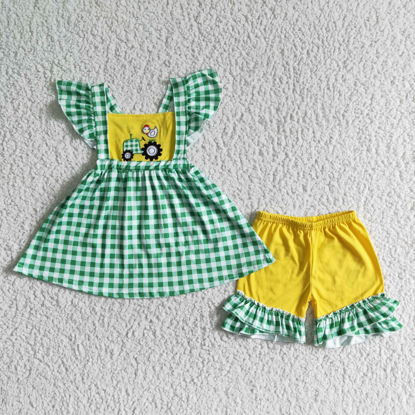 GSSO0056 Green Plaid Yellow Chicken Truck Embroidery Girls Flutter Sleeve Shorts Outfits