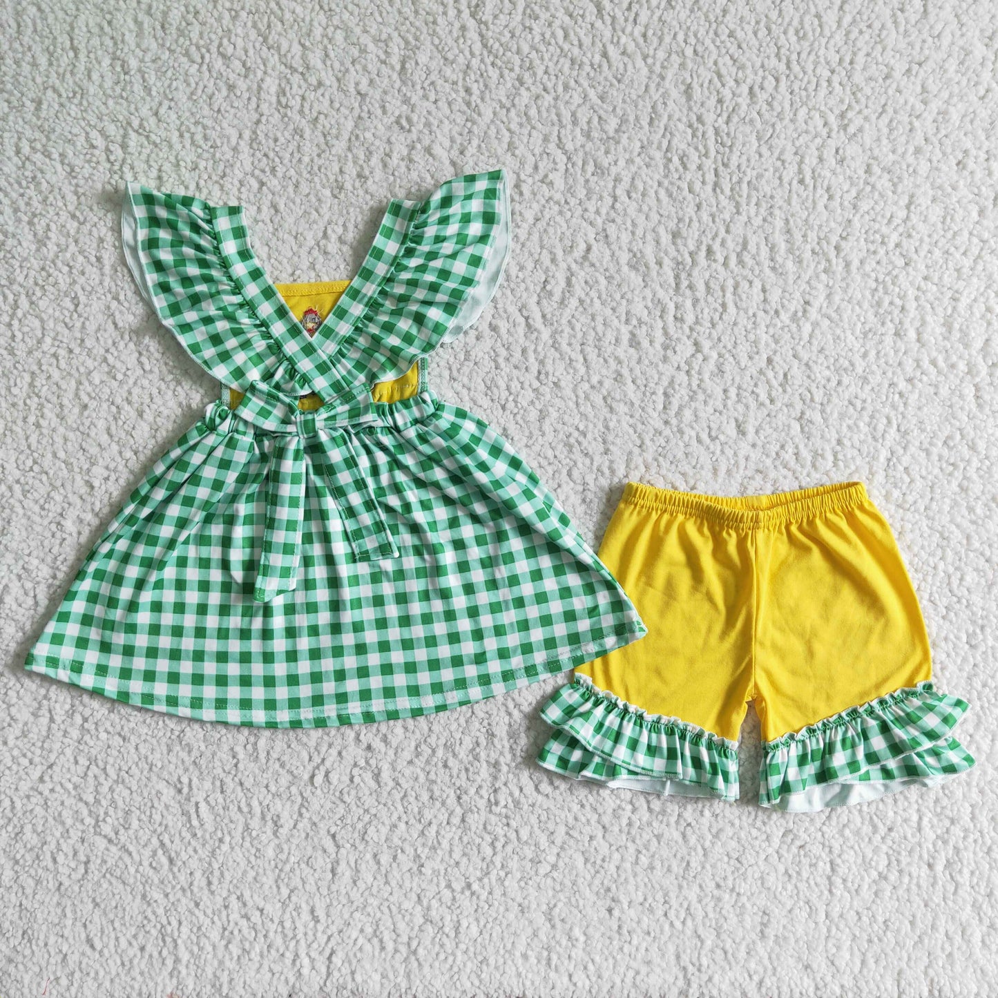 GSSO0056 Green Plaid Yellow Chicken Truck Embroidery Girls Flutter Sleeve Shorts Outfits