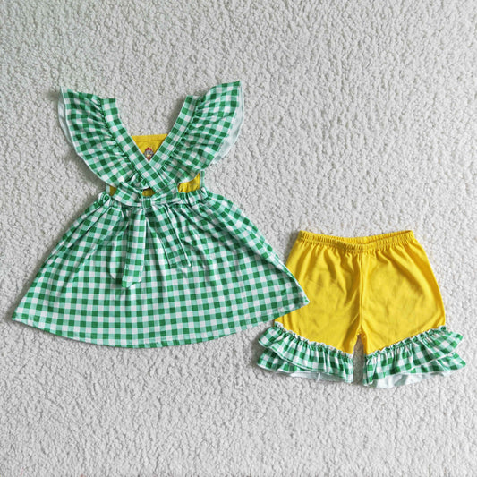 GSSO0056 Green Plaid Yellow Chicken Truck Embroidery Girls Flutter Sleeve Shorts Outfits