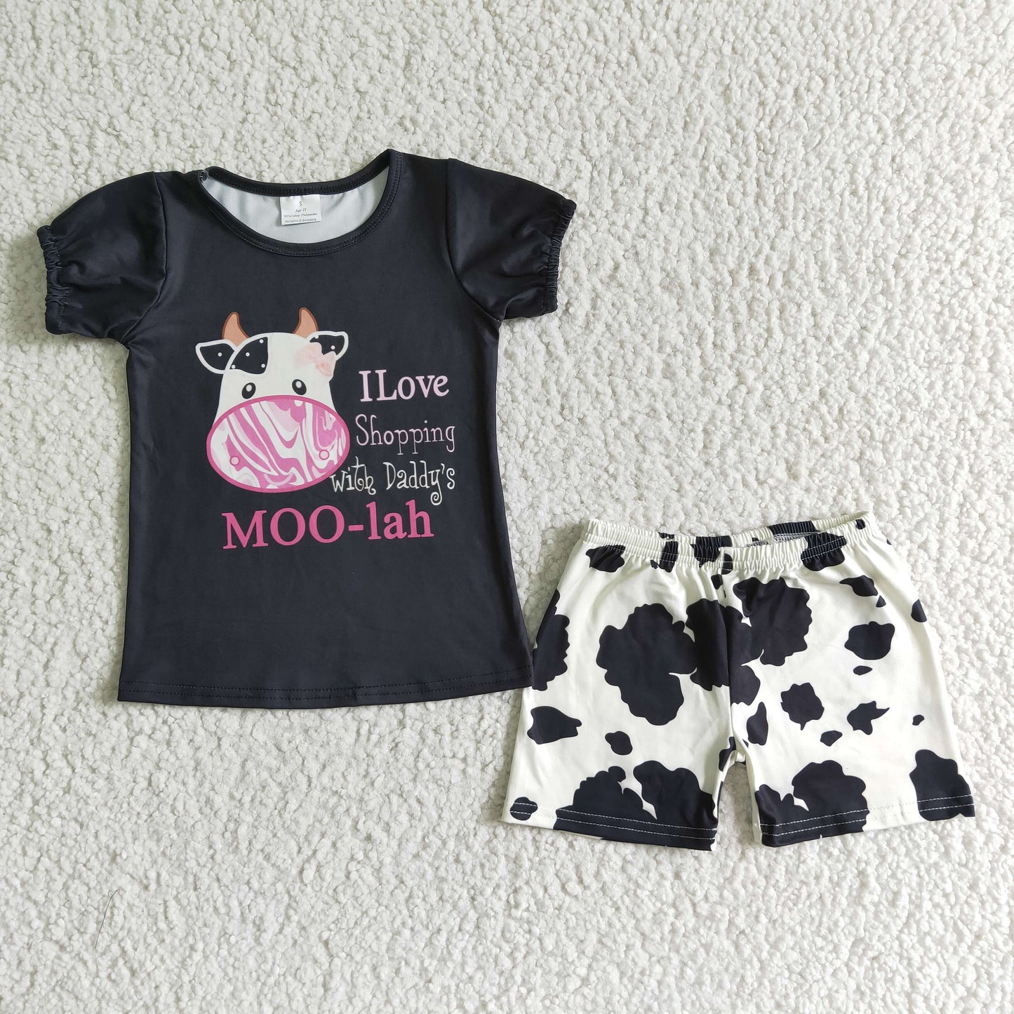 Clearance A6-12 Cow Moo Black Girls Short Sleeve Shorts Outfits