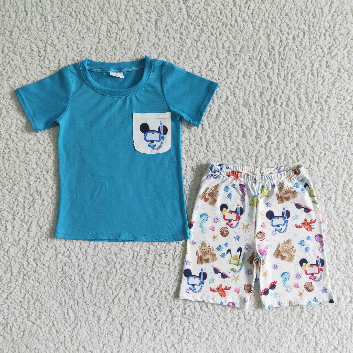 BSSO0038 Blue Castle Cartoon Pocket Boys Short Sleeve Shorts Outfits