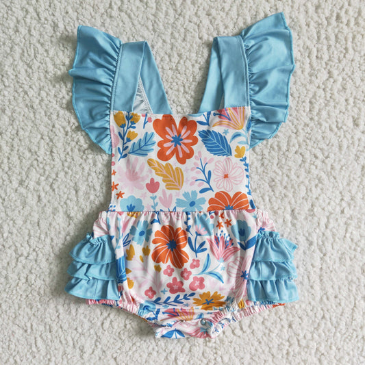 SR0037 Blue Pink Floral Girls Short Sleeve Romper