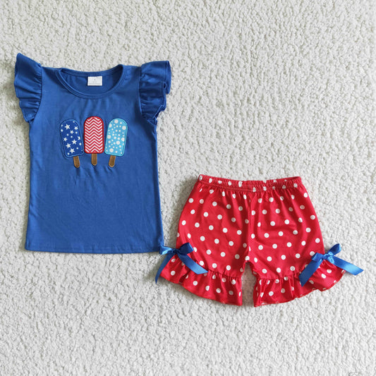 GSSO0090 4th Of July Ice Cream Popsicle Blue Red Embroidery Girls Flutter Sleeve Shorts Outfits