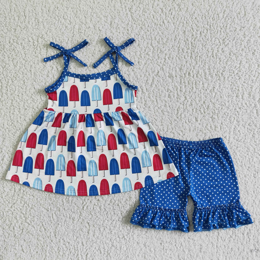 C14-2 4th Of July Ice Cream Print Blue Girls Sleeveless Shorts Outfits