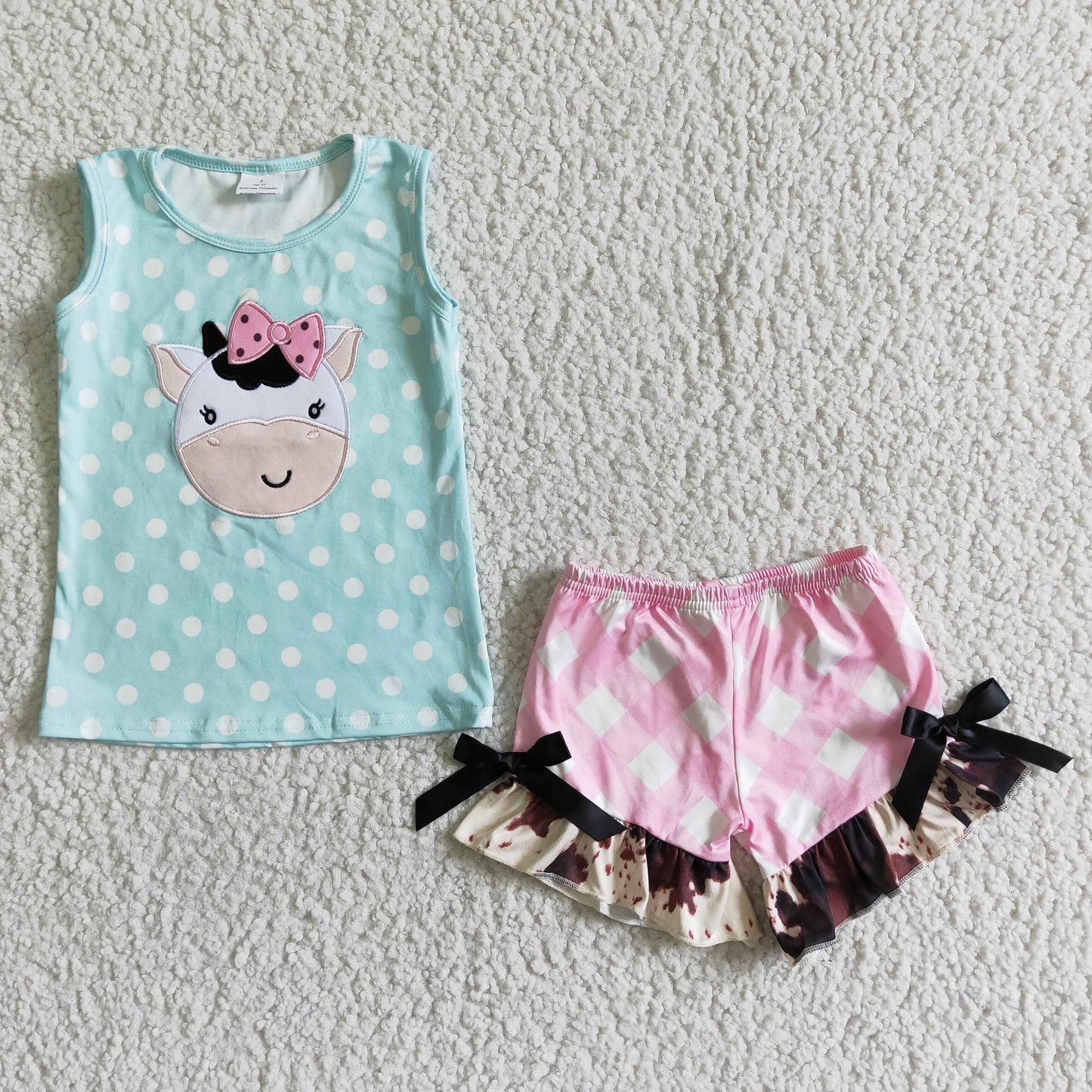 GSSO0088 Blue Pink Cow Embroidery Girls Sleeveless Shorts Outfits