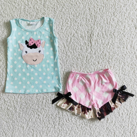 GSSO0088 Blue Pink Cow Embroidery Girls Sleeveless Shorts Outfits