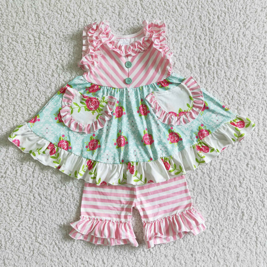 C2-2 Floral Pink Striped Print Pockets Girls Sleeveless Shorts Outfits