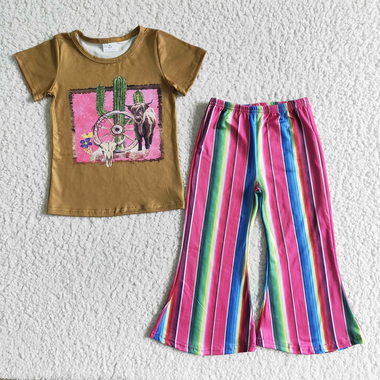 GSPO0069 Highland Cows Cactus Pink Stripes Girls Short Sleeve Pants Outfits