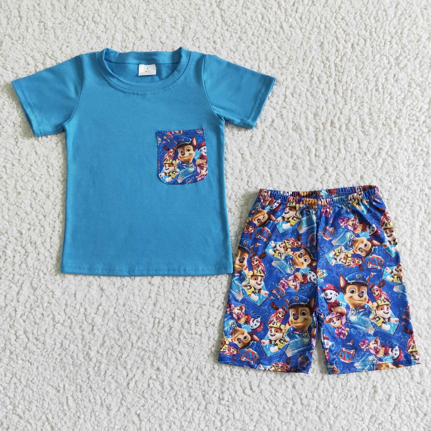 BSSO0059 Blue Dog Cartoon Pocket Boys Short Sleeve Shorts Outfits