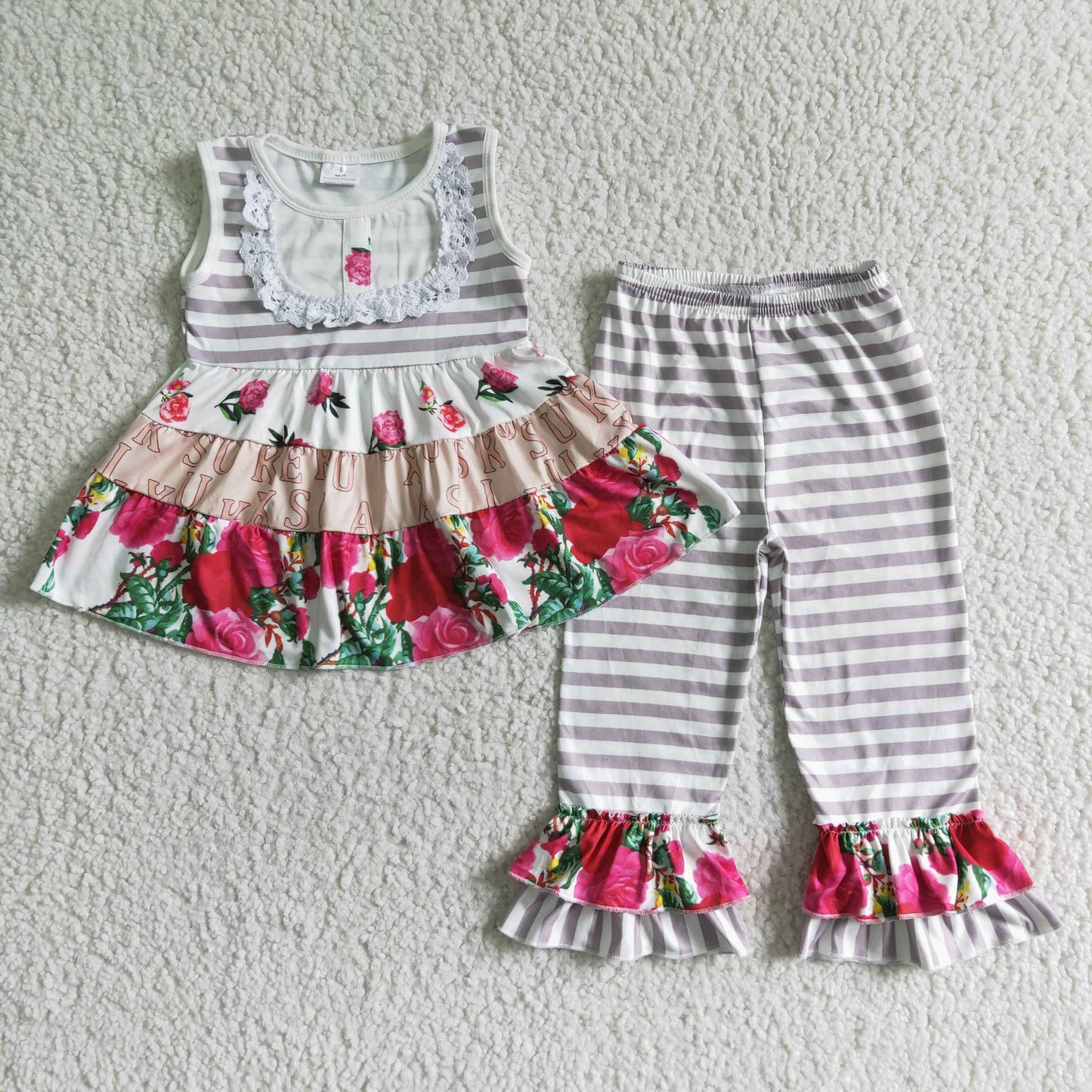 Clearance C5-18 Red Striped Floral Girls Sleeveless Shorts Outfits