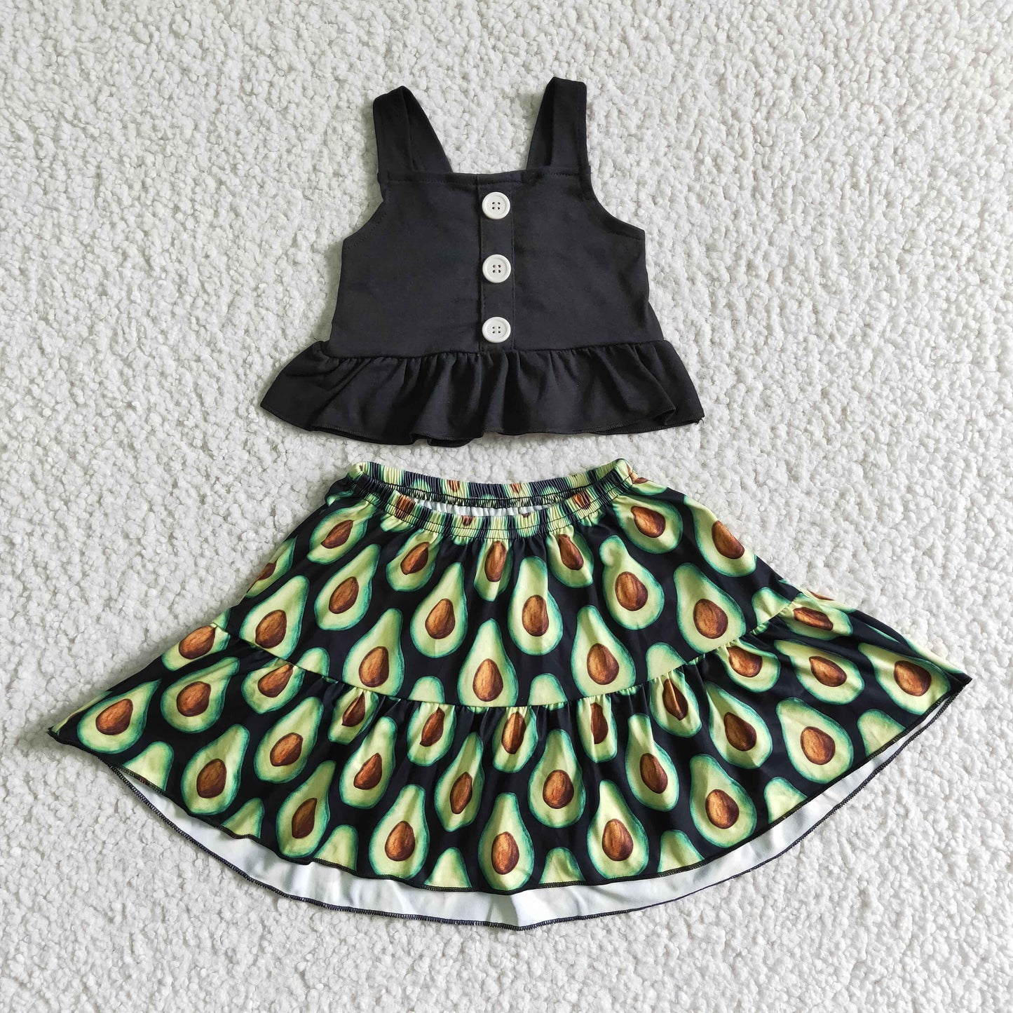 GSD0081 Green Black Avocado Girls Short Sleeve With Skirt Dress Outfits