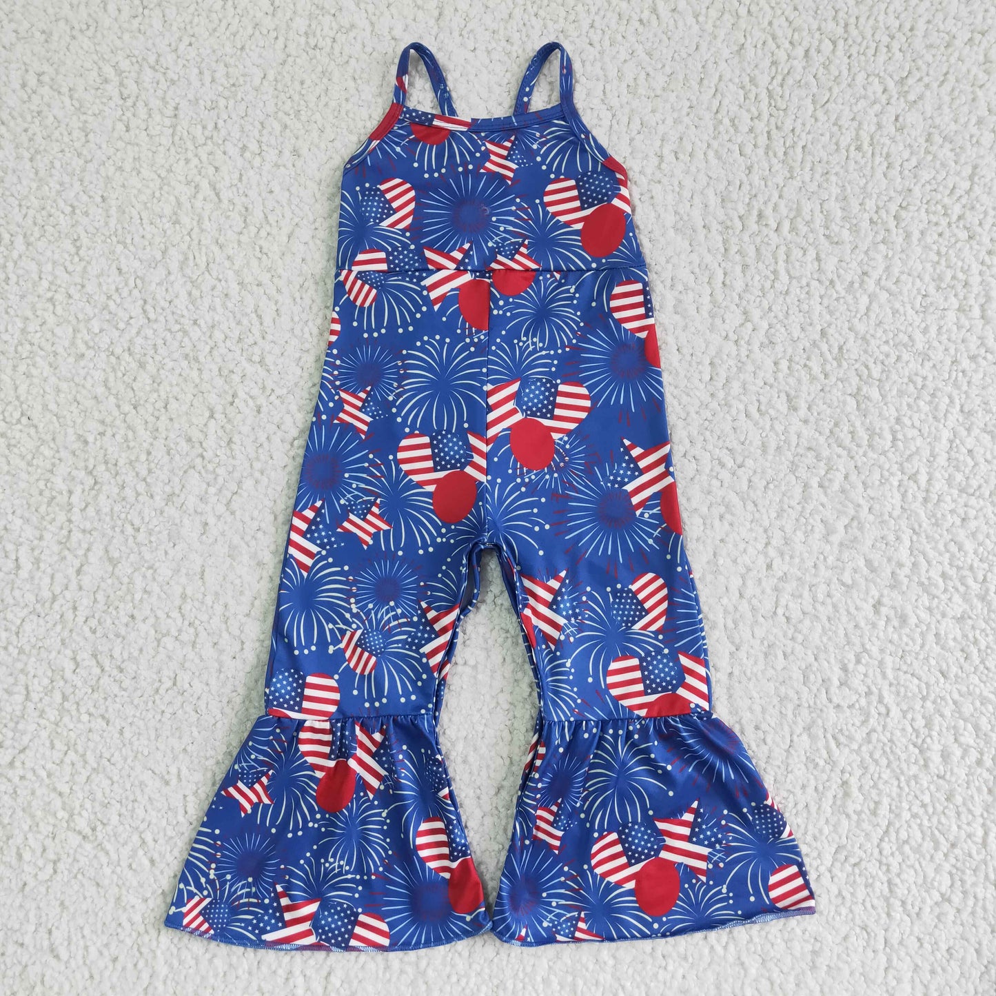 SR0056 4th Of July Flag Starts Firework Girls Sleeveless Jumpsuit