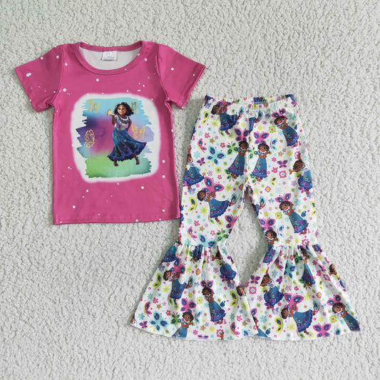 GSPO0067 Pink Princess Cartoon Girls Short Sleeve Bell Bottom Pants Outfits