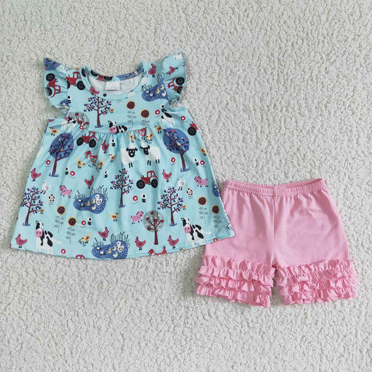 Clearance A10-14 Farm Life Blue Pink Chicken Girls Flutter Sleeve Shorts Outfits