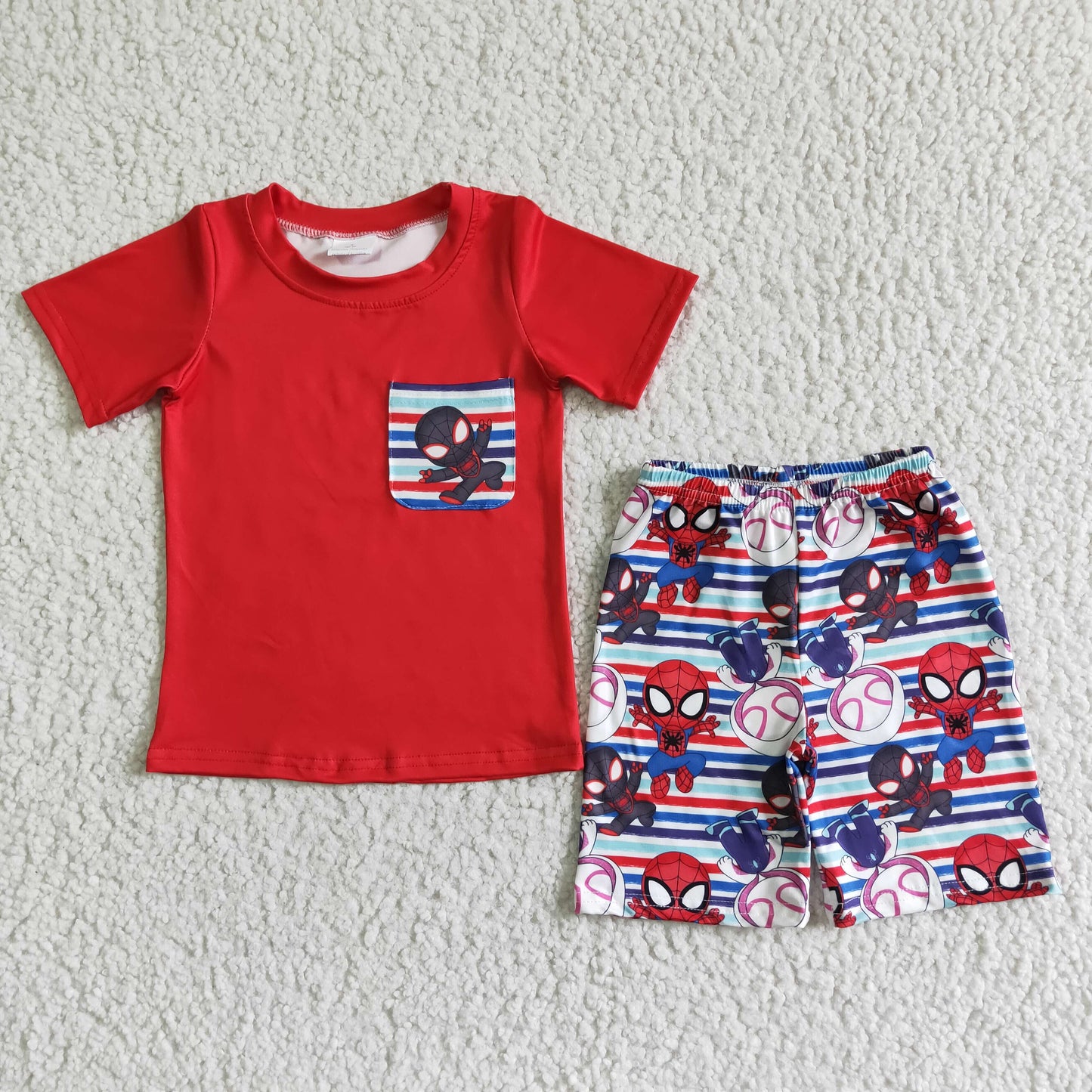 BSSO0062 Red Blue Stripes Movie Hero Spider Cartoon Pocket Boys Short Sleeve Shorts Outfits