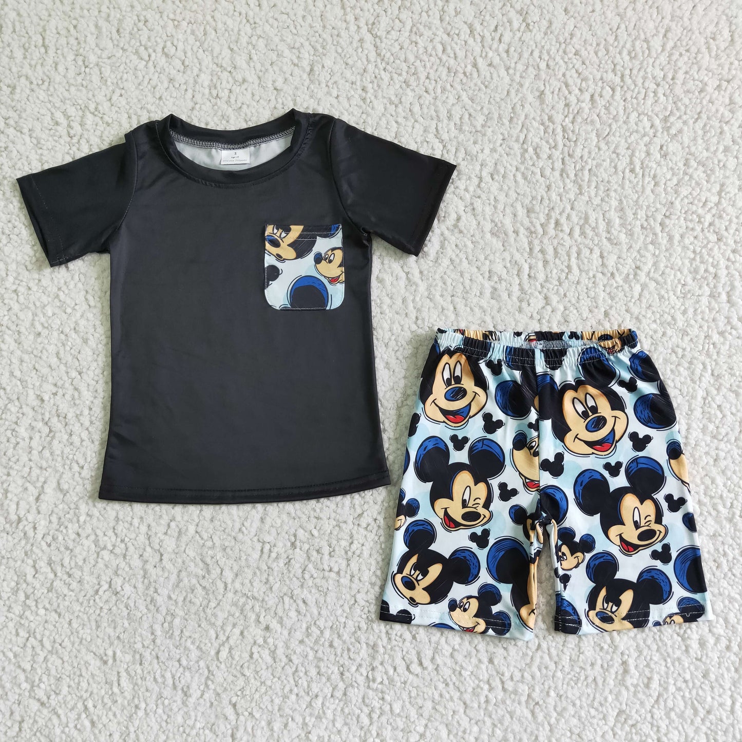 BSSO0053 Black Blue Cartoon Pocket Boys Short Sleeve Shorts Outfits