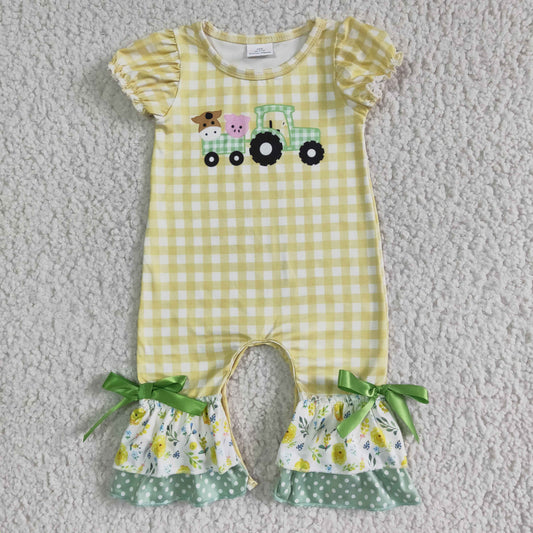 D13-11 Farm Yellow Green Truck Cow Pig Girls Flutter Sleeve Romper