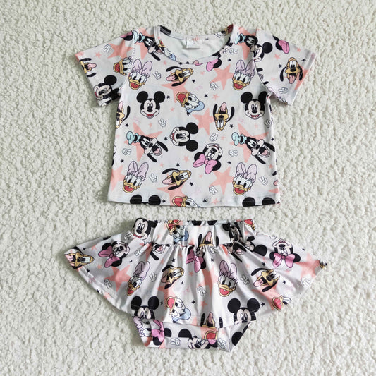 GBO0046 Pink M Cartoon Girls Short Sleeve Bummies Outfits