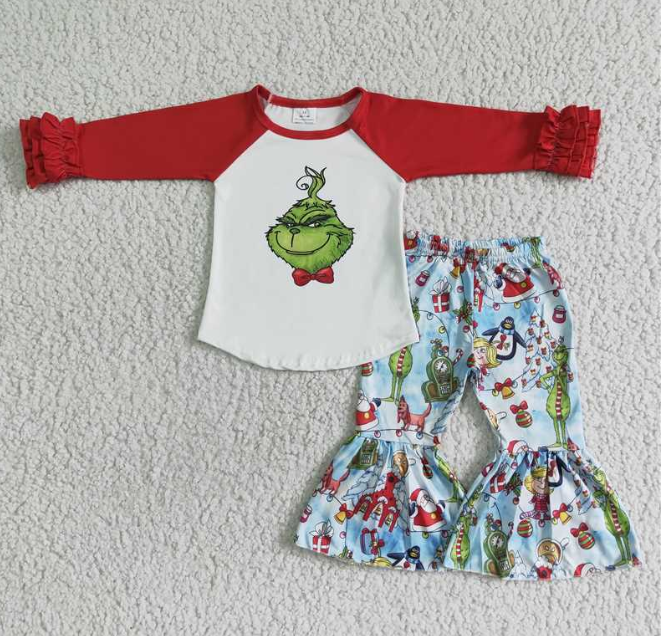 Clearance 6 B4-17 Christmas Green Cartoon Girls Long Sleeve Bell Bottom Pants Outfits