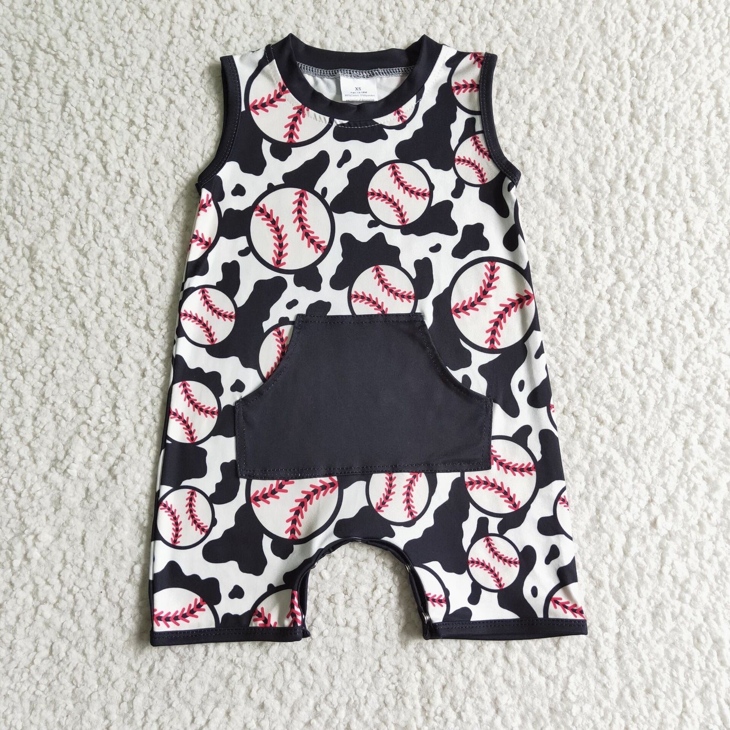 SR0046 Black Red Baseball Ball Cow Print Pocket Boys Sleeveless Romper