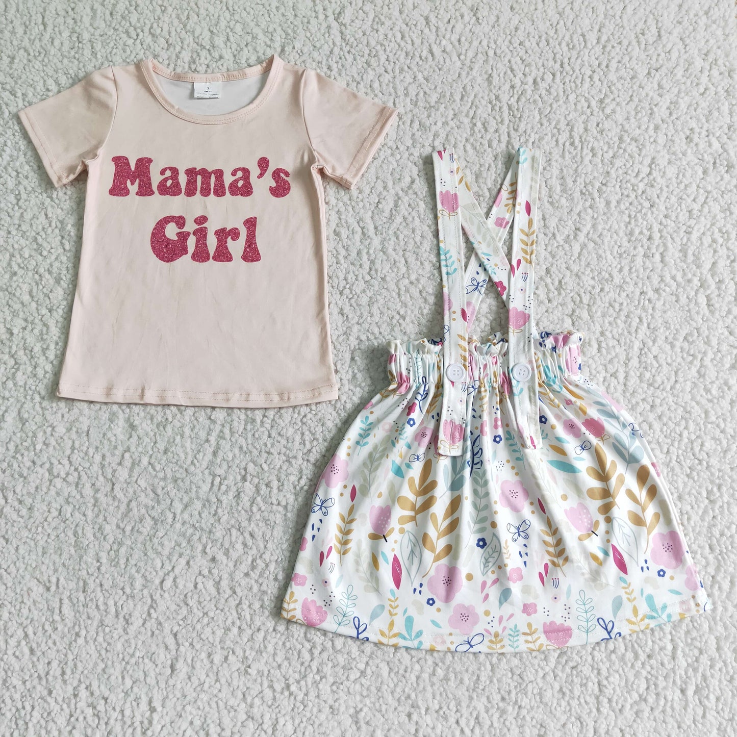 GSD0020 Pink Floral Mama's Girl With Headband Bow 3pcs Girls Short Sleeve With Skirt Dress Outfits