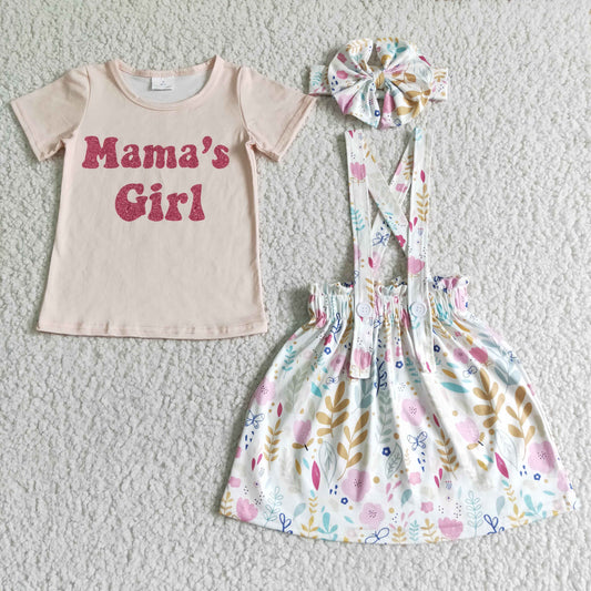 GSD0020 Pink Floral Mama's Girl With Headband Bow 3pcs Girls Short Sleeve With Skirt Dress Outfits