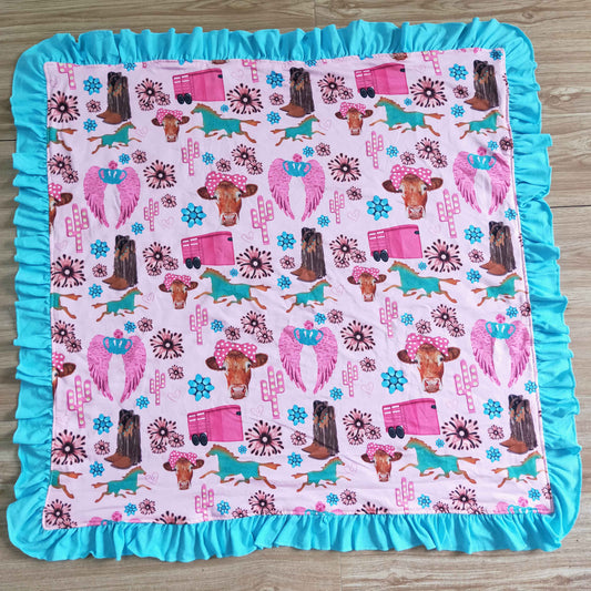 BL0009 Blue Pink Cow Horses Boots Western Cactus Blanket