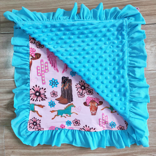 BL0009 Blue Pink Cow Horses Boots Western Cactus Blanket