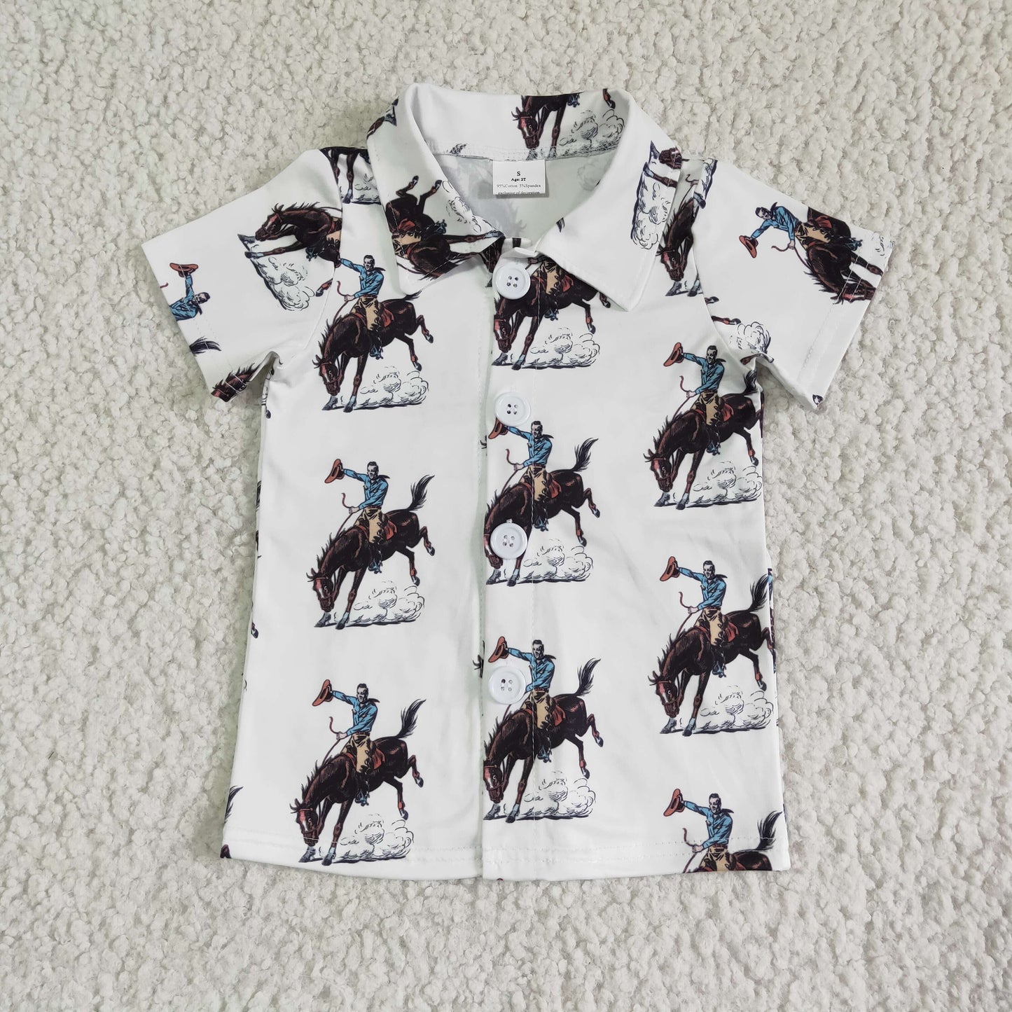 BT0011 White Rodeo Horses Cowboy Western Short Sleeve Top Boys Collar T-Shirts