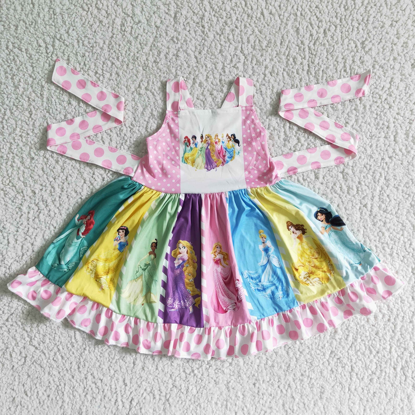 Clearance C0-23 Pink Princess Cartoon Girls Belt Patchwork Sleeveless Dresses