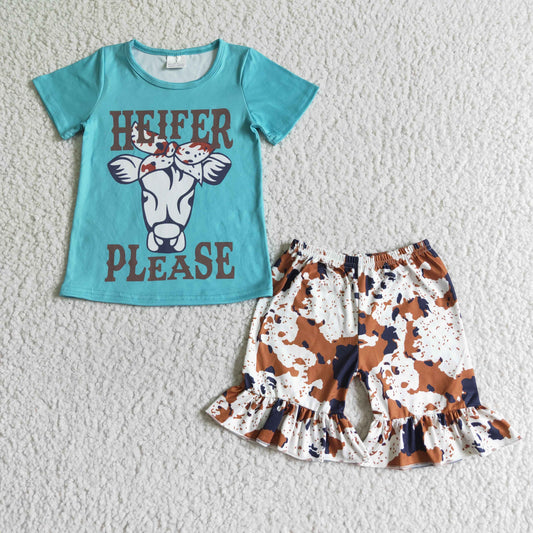 GSSO0031 Blue Heifer Please Cows Print Girls Short Sleeve Shorts Outfits