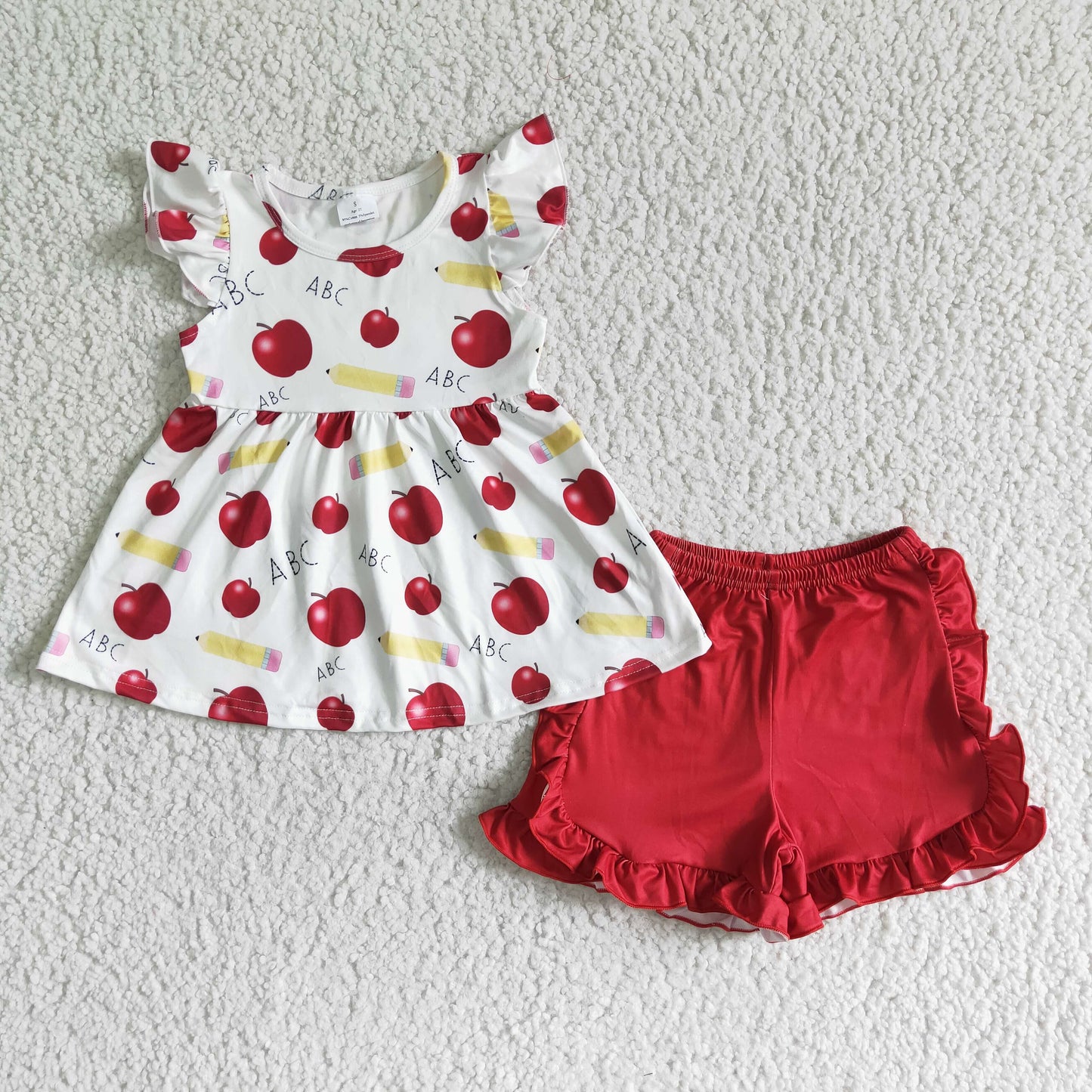 GSSO0121 Back To School Red Apple Girls Flutter Sleeve Shorts Outfits