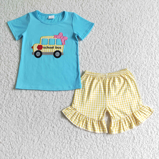 GSSO0093 Yellow Back To School Bus Blue Embroidery Girls Short Sleeve Shorts Outfits