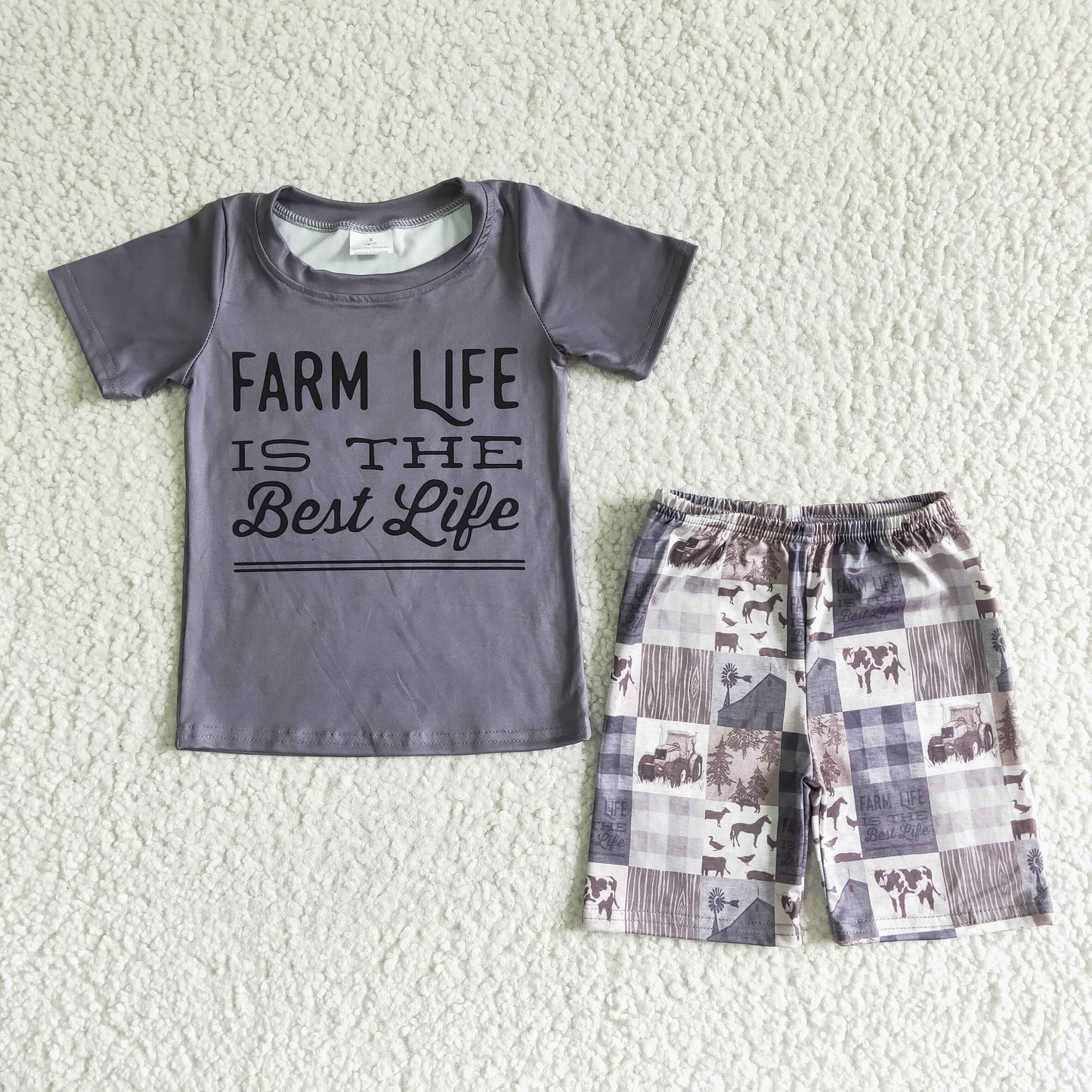 BSSO0029 Grey Farm Life Cows Boys Short Sleeve Shorts Outfits