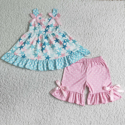 GSSO0058 Blue Pink Starfish Stars Tunic Girls Sleeveless Shorts Outfits