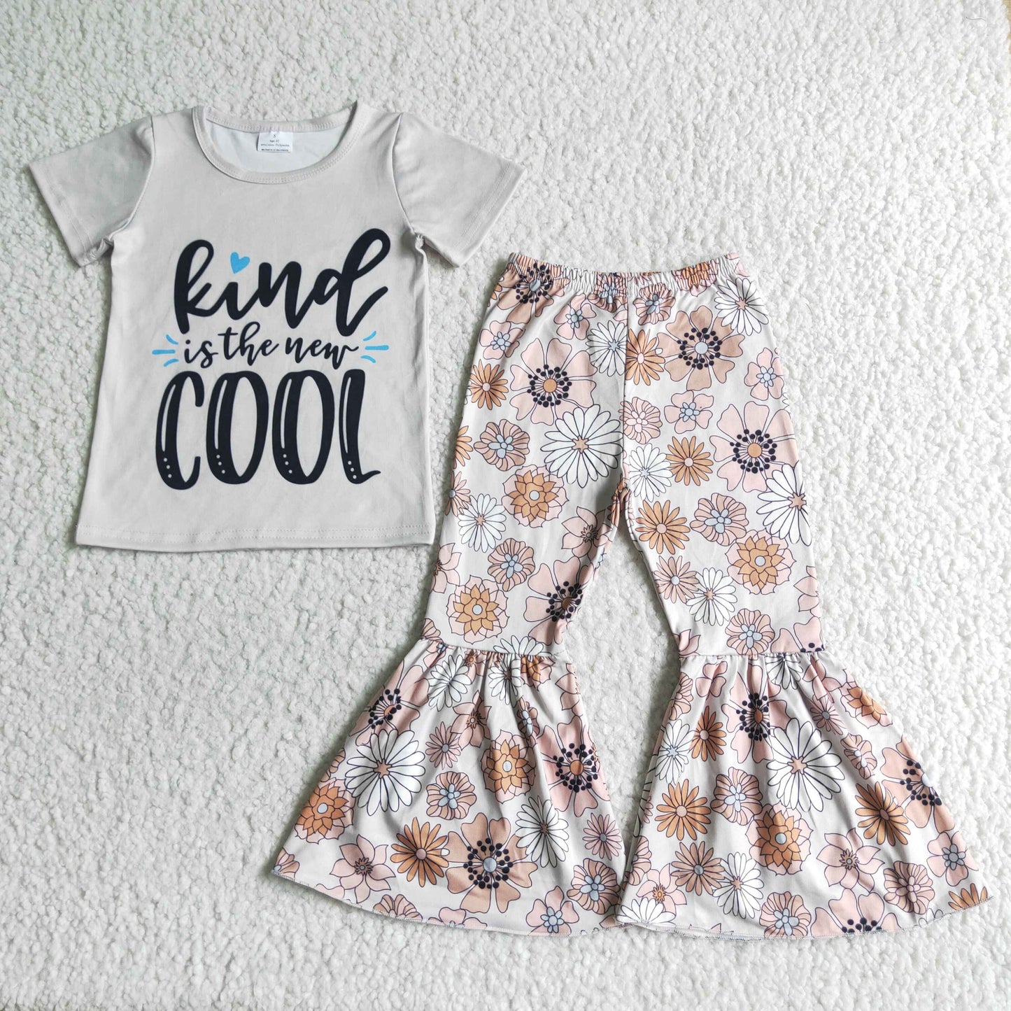 GSPO0070 Pink Kind Cool Sunflower Floral Girls Short Sleeve Bell Bottom Pants Outfits