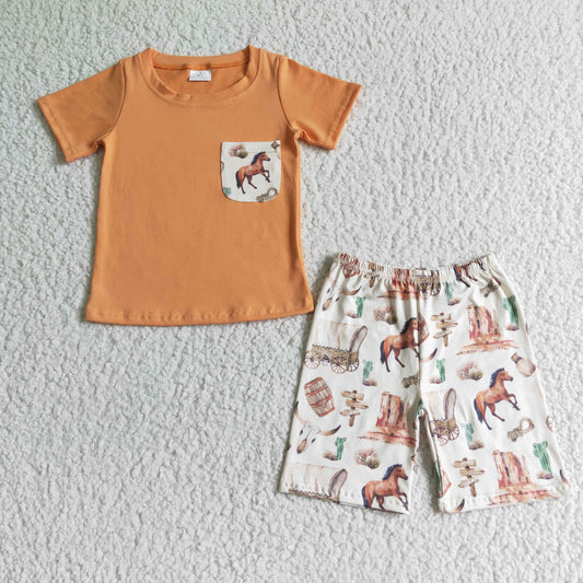 BSSO0072 Brown Orange Cowboy Rodeo Horses Highland Cows Boys Short Sleeve Shorts Outfits